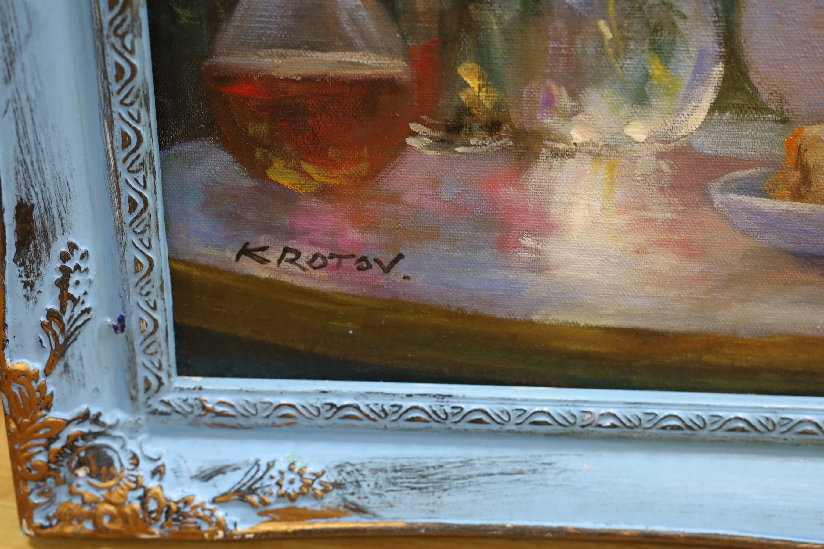 Krotov, oil on board, Edwardian young lady seated at a café table, 75 x 50cm
